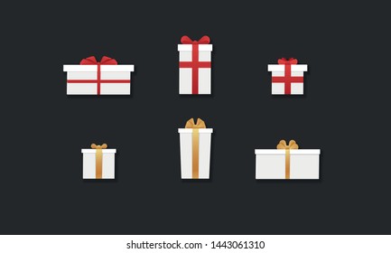 Set of vector paper cut gift box. Collection of different luxury shopping boxes with gold ribbon isolated on black background. Design 3d shadow effect element for banner, poster, ads, giveaway, sale
