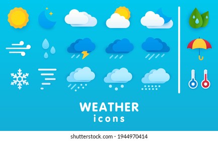 Set of vector paper cut weather icons. Icons for sunny, cloudy, rainy, windy and snowy weather. Umbrella, thermometers, green leaves, sun and moon from behind the clouds, snow and rain clouds.