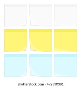 Set of vector Paper notes and stickers with curl corner. White, yellow and blue stick note isolated on white background.
