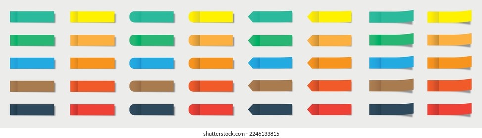 Set of vector paper stickers on white background. Colored realistic sticky notes isolated. Big collection of red, orange, yellow, green, blue, purple and gray stickers. Vector 10 EPS.