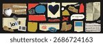 Set of vector paper textures and torn sheets with vintage newspaper clippings, notebook scraps, cardboard pieces, photo frames, barcodes, and retro stickers. Trendy scrapbook and collage element