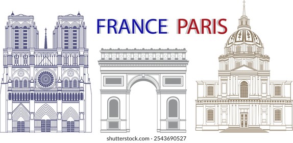 Set of the vector Parisian landmarks in colors