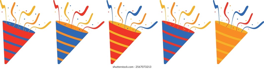 Set of vector party poppers isolated on transparent background. Confetti decoration for holidays.	