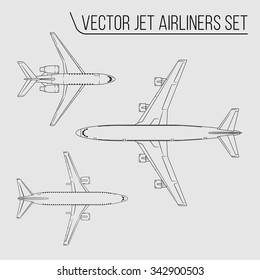 Set Of Vector Passenger Air Crafts. Jet Airplanes Outline Style Design. Aviation Collection. Outline Airliner.