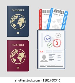 Set Vector passport with tickets  Air travel concept. Flat Design citizenship ID for traveler isolated. Blue international document - passports illustration
