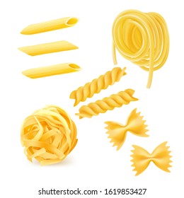 Set of vector pasta, fusilli, penne, spaghetti, rotini, farfalle and tagliatelle on a white background. Vector icon.