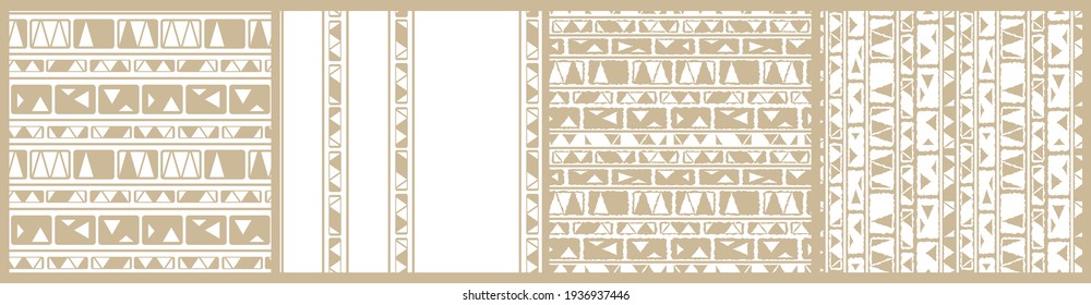Set of vector pastel beige white monochrome abstract geometric seamless pattern. Tribal illustration contains lines rectangles like wall bricks, triangles, print stripes for textiles or wallpaper
