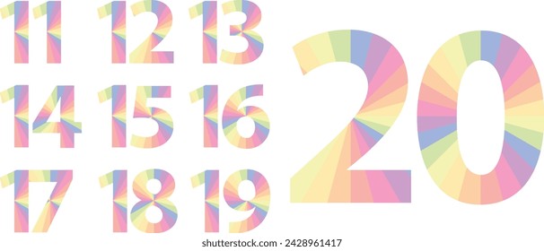 set of vector pastel color numbers 11,12,13,14,15,16,17,181,9 and 20. pastel color numbers vector illustration. 