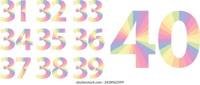 set of vector pastel color numbers 31,32,33,34,35,36,37,38,39 and 40. pastel color numbers vector illustration.