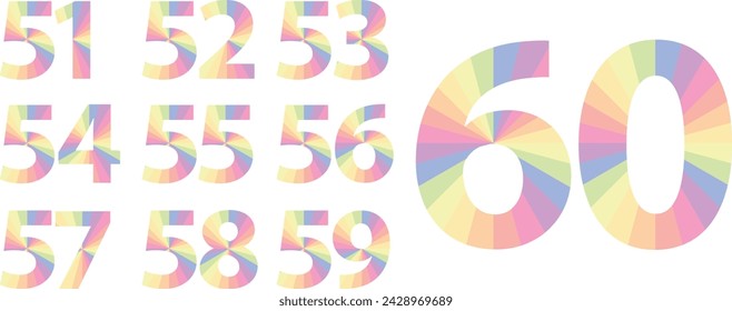 set of vector pastel color numbers 51,52,53,54,55,56,57,58,59 and 60. pastel color numbers vector illustration.