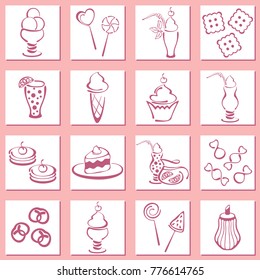 Set of vector pastry icons in white squares. EPS10