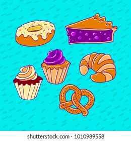 Set of vector pastry. Pie, croissant, cupcackes, pretzel and donut.