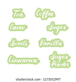Set of vector patch labels. Stickers with names of herbs and spices for kitchen jars or containers. Hand drawn elements for your design. Graphic illustration