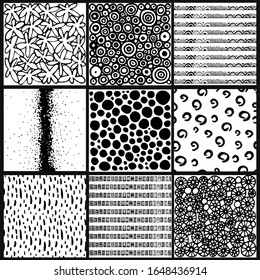 Set of vector pattern with black elements on white isolated background. Design elements for wallpapers, fabric, prints, cards, packaging. Square shape design template. Black and white colors.