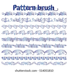 Set of vector pattern brush for Your design. Roses, pears, flowers, wave elements.  Vintage, hand drawing pen and ink style, for photo decor. Brushes included. Blue watercolor style