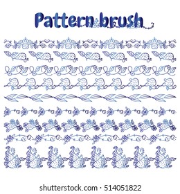 Set of vector pattern brush for Your design. Roses, violet, pears, flowers, wave elements.  Vintage, hand drawing pen and ink style, for photo decor. Brushes included. Blue watercolor style