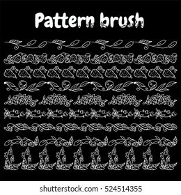 Set of vector pattern brush for Your design. Roses, violet, pears, flowers, wave elements.  Vintage, hand drawing pen and ink style, for photo decor. Brushes included. Chalkboard style elements