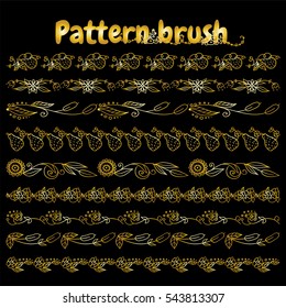 Set of vector pattern brush for Your design. Roses, sunflowers, pears, flowers, wave elements.  Vintage, hand drawing pen and ink style, for photo decor. Brushes included. Premium gold style