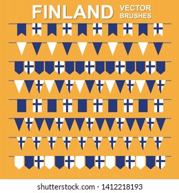 Set of vector pattern brushes on yellow striped background. Outer, inner corners and start, end tiles included. Garland of finnish flags. Finland. White, blue. 