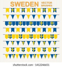 Set of vector pattern brushes on striped background. Outer, inner corners and start, end tiles included. Garland of swedish flags. Sweden. Yellow, blue.