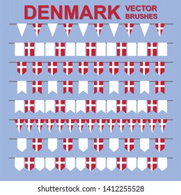 Set of vector pattern brushes on striped background. Outer, inner corners and start, end tiles included. Garland of danish flags. Denmark. Red, white.