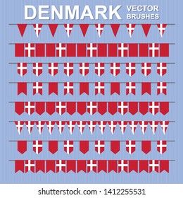 Set of vector pattern brushes on striped background. Outer, inner corners and start, end tiles included. Garland of danish flags. Denmark. Red, white.