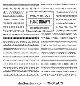 Set of Vector Pattern Brushes with Outer and Inner Corner Tiles. Easy color change. Perfect to create borders, frames, dividers. Hand drawn design elements.
