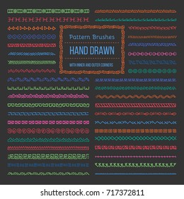 Set of Vector Pattern Brushes with Outer and Inner Corner Tiles. Easy color change. Perfect to create borders, frames, dividers. Hand drawn design elements.