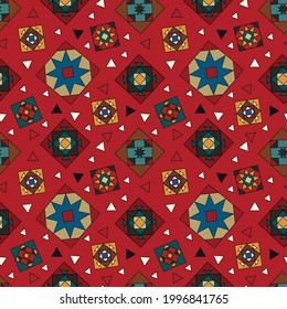 Set vector pattern with geometric elements. Vector of ethnic fabric in Indian stile. Yellow, red, blue color. For prints, textiles, paper.