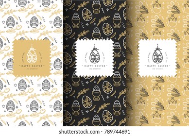 Set of vector pattern with linear icon flowers and easter decorative eggs on white, dark gray and golden colors background. Happy Easter background. Illustration for wrapping paper