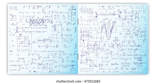 Set of vector pattern with real hand written text on copybook grid paper. Two pages of lectures archives, science, geometry, math, physics, electronic engineering . Open exercise book.