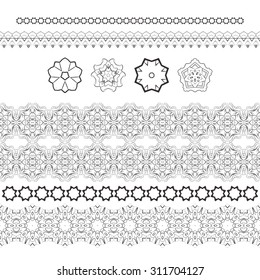 Set of vector patterned filigree hands and stylized flowers. Mandals