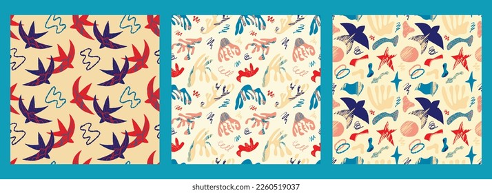 A set of vector patterns with abstract bright elements, stars and birds in the Matisse style on a beige background. Abstract geometric patterns for fabrics, fashion design.