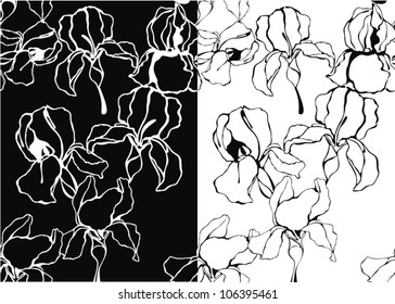 Set of vector patterns with black and white iris flower. Decorative seamless background.