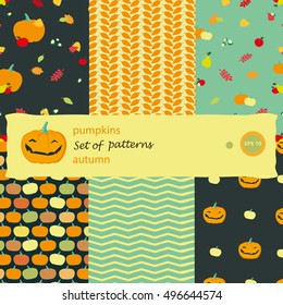 Set vector patterns with bright autumn leaves and fruits, and with pumpkins and zig-zag. Drawn by hand. Each pattern is on a separate layer. EPS 10.