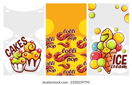 Set of vector patterns in cartoon style on the theme of sweets and lettering.