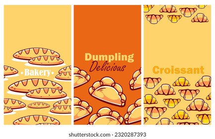 Set of vector patterns in cartoon style on the theme of bakery, croissants, dumplings and lettering.