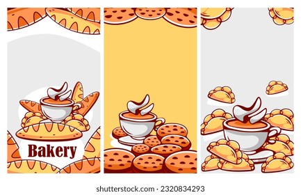 A set of vector patterns in cartoon style on the theme of pies, tea and tea parties.