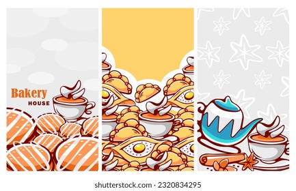 A set of vector patterns in cartoon style on the theme of pies, tea and tea parties.