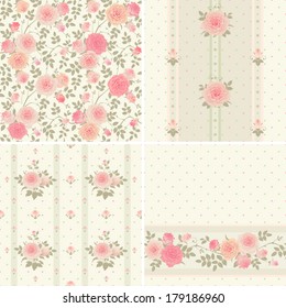 Set of vector patterns with climbing roses. Seamless floral background.