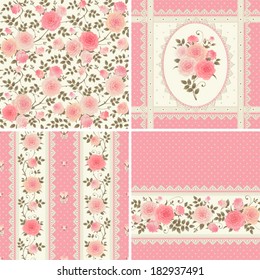 Set of vector patterns with climbing roses. Seamless floral backgrounds and borders.