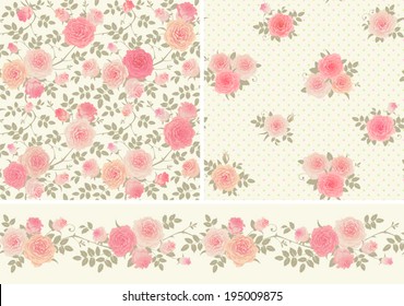 Set of vector patterns with climbing roses. Seamless floral backgrounds and border. Polka dot.