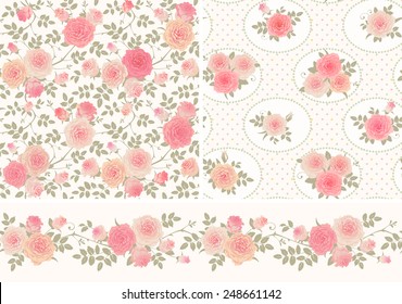 Set of vector patterns with climbing roses. Seamless floral backgrounds and border. Polka dot.
