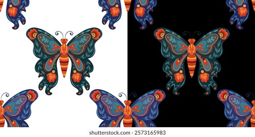 Set of vector patterns with colorful folk art butterflies on black and white background. Collection of textures with tracery flying insects for wallpaper and fabrics