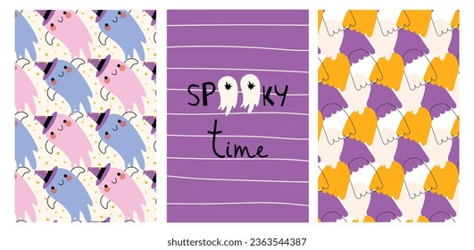 set of vector patterns with cute ghosts and colorful abstract. Halloween card. Great for wallpaper, backgrounds, packaging, fabric, scrapbook