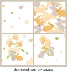 Set of vector patterns. Cute rabbits on a light background, flowers and splashes of paint. Suitable for textiles, wallpaper, fabrics, wrapping paper.