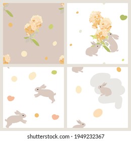 Set of vector patterns. Cute rabbits on a light background, flowers and splashes of paint. Suitable for textiles, wallpaper, fabrics, wrapping paper.