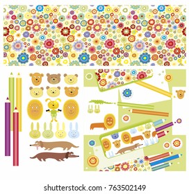 Set of vector patterns and decorative details - pencils, animals, flowers