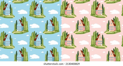 A set of vector patterns depicting houses surrounded by tall pyramidal trees, bushes and clouds. Seamless background for fabric, wallpaper, wrapping paper, stationery. 