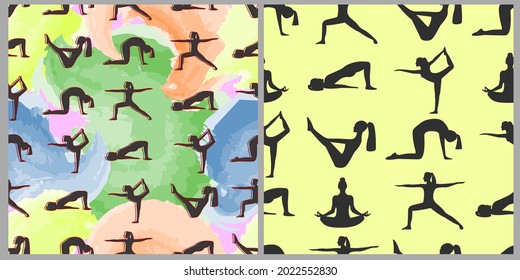 A set vector patterns depicting silhouettes of girls with a yoga pose, against the background of strokes of colorful brushes. 